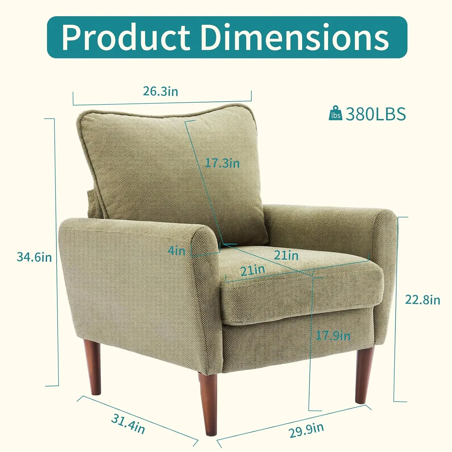Mid-Century Accent Chair with Pillow & Wood Legs, Wide Upholstered Lounge Chair for Living Room Bedroom (Green, 2 Pack), Customi