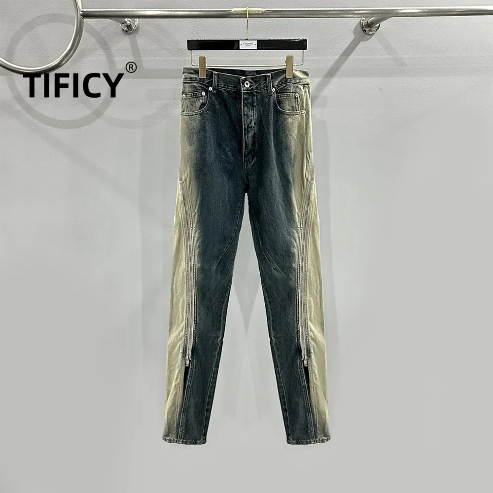 TIFICY High Street Jean Pants Men's Trendy Zipper Design Gradient Wash Blue Curved Knife Denim Motorcycle Pants