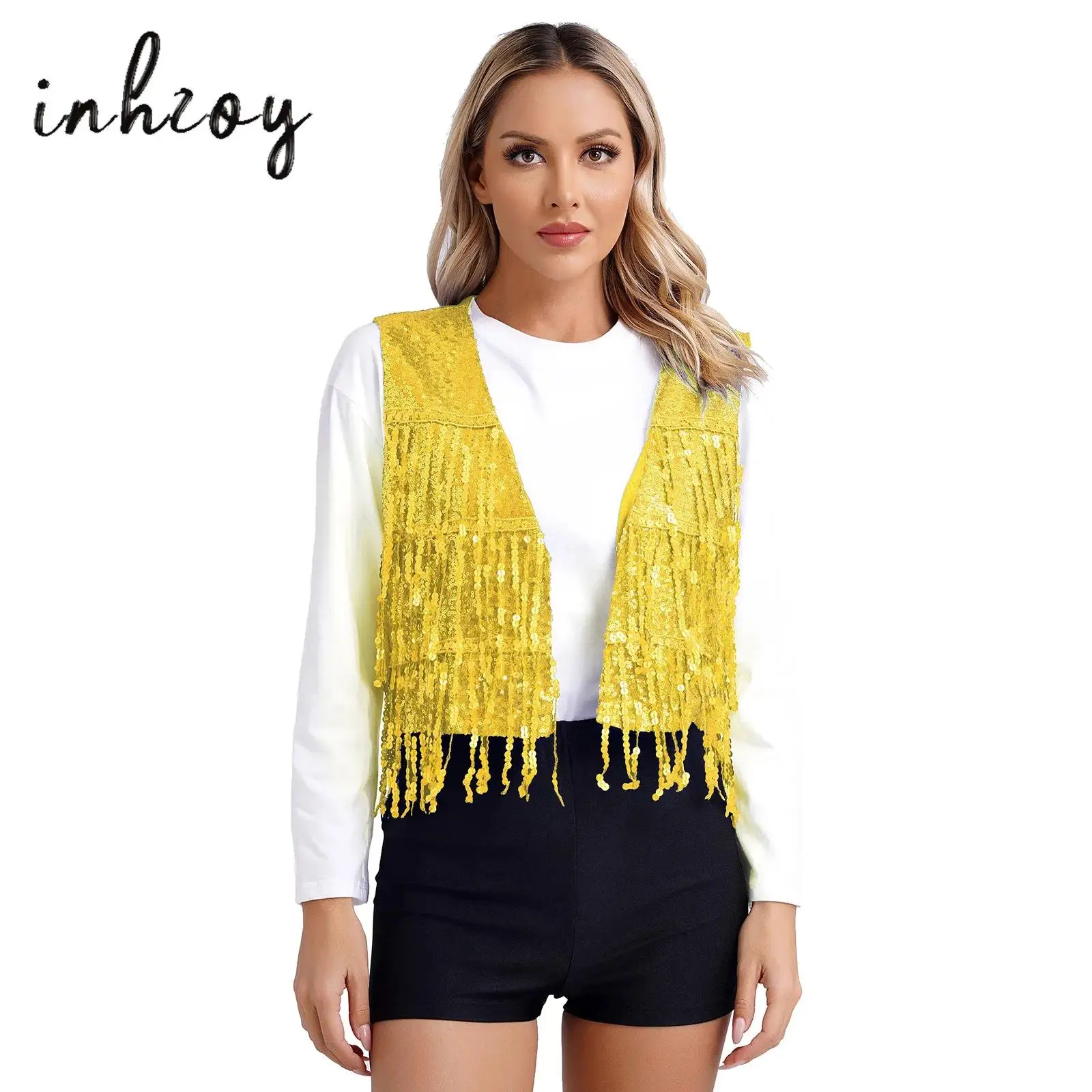 

Womens Tassel Vest Sequin Sleeveless Open Front Waistcoat Fringed Jackets Coat for Jazz Hiphop Dance Performance Music Festival