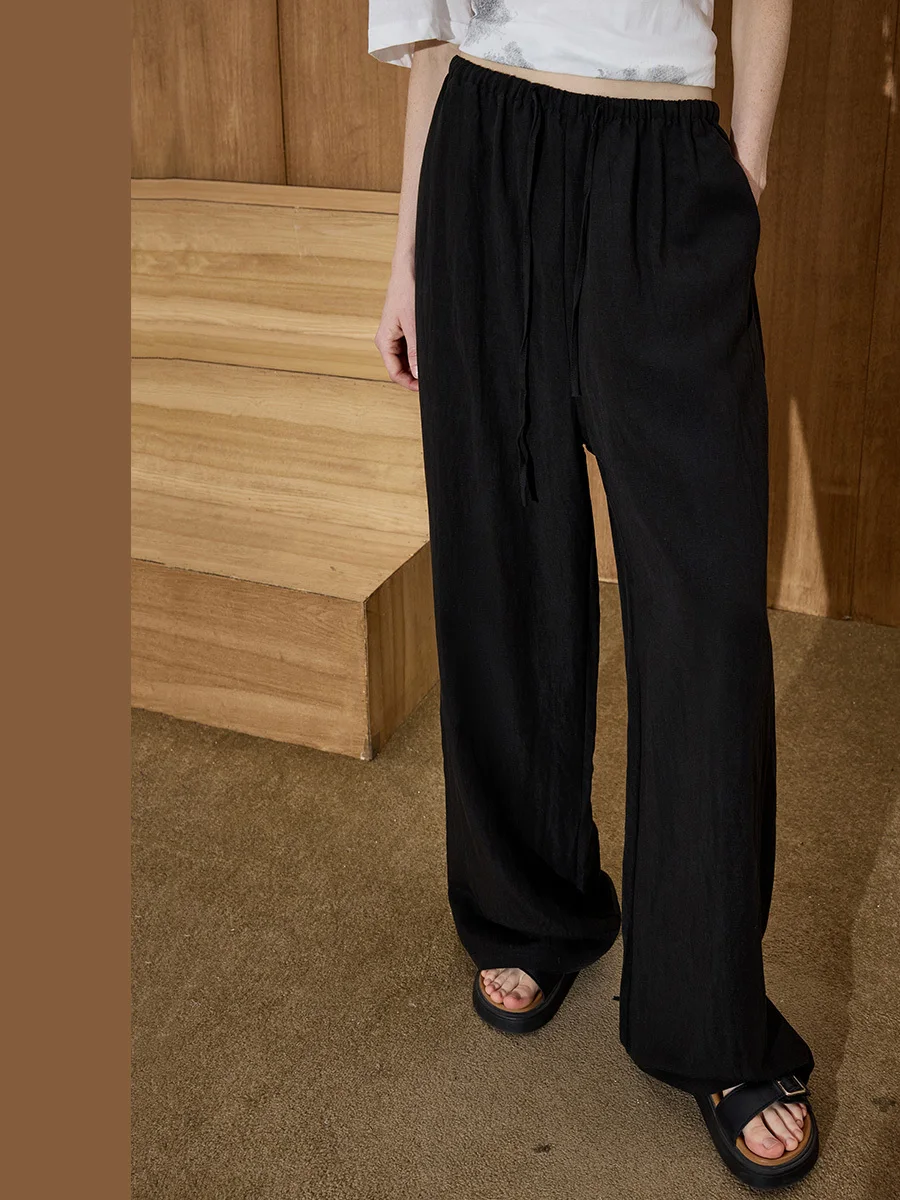 Coolhut Versatile Loose Waist Cord Adjustable Linen Feel Wide Leg Pants Casual Trousers Elegant Loose Fit Ladies Pants