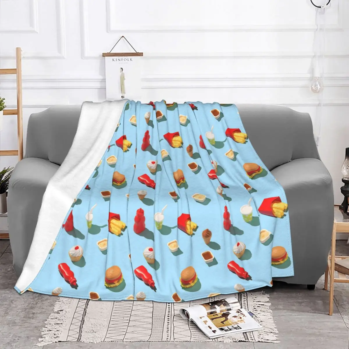 Fast Food Pattern Knitted Blanket Hamburger Ice Cream Plush Throw Blanket Bed Sofa Printed Ultra-Soft Warm Bedspreads