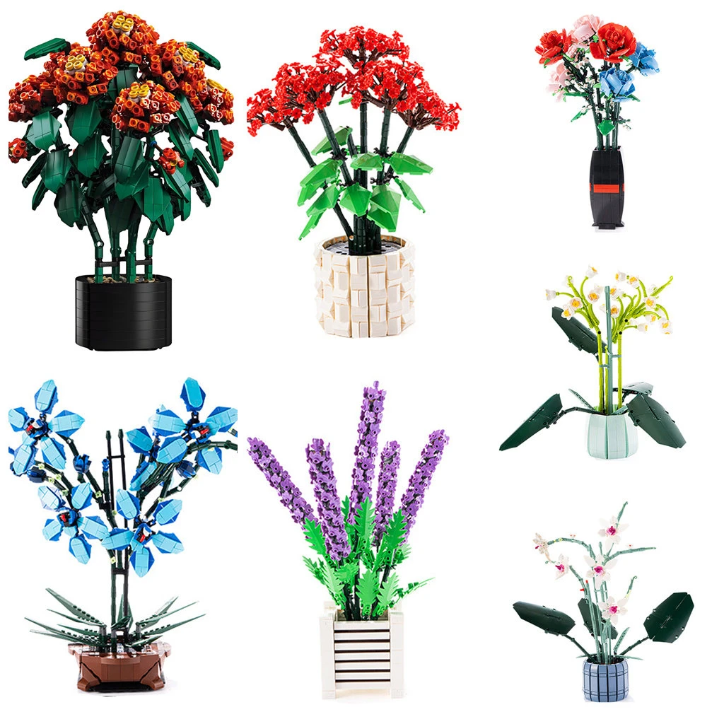 

Creative Orchid Bouquet Flowers Model Building Blocks Sunflower Rose Daisy Lily Lavender Potted Plant Bricks Toys Gifts Ornament