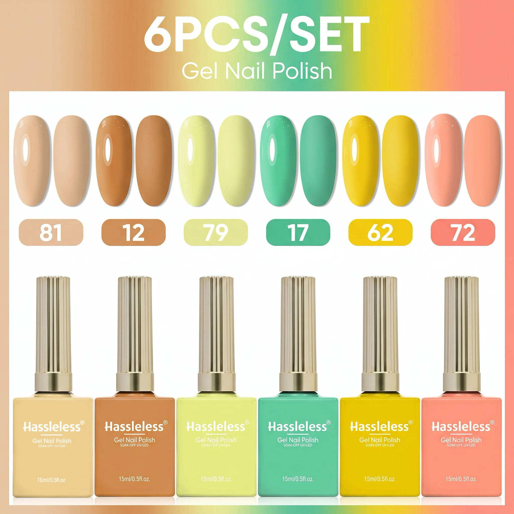 

Easily create solid color nail gel sets (6 tubes - 15ml each) - alcohol-free formula, long-lasting shine, easy to apply, suitabl