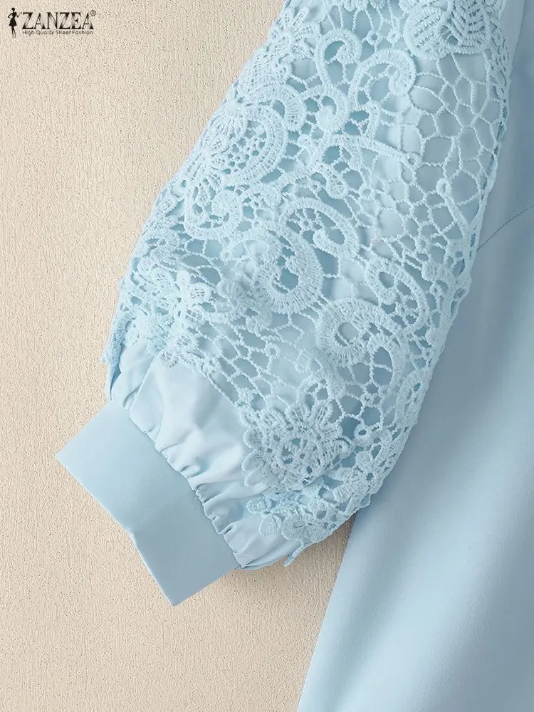우아한 셔츠 ZANZEA 가을 레이스 패치워크 셔츠 여성 우아한 3/4 랜턴 슬리브 워크 블라우스 여름 탑 솔리드 버튼 블라우스