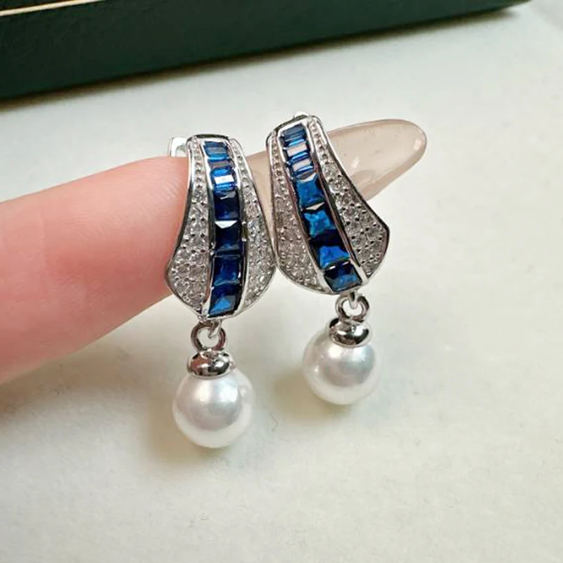

MeiBaPJ 9-10mm Natural Nearround Pearls Fashion Blue Drop Earrings DIY 925 Silver Empty Tray Fine Wedding Jewelry for Women