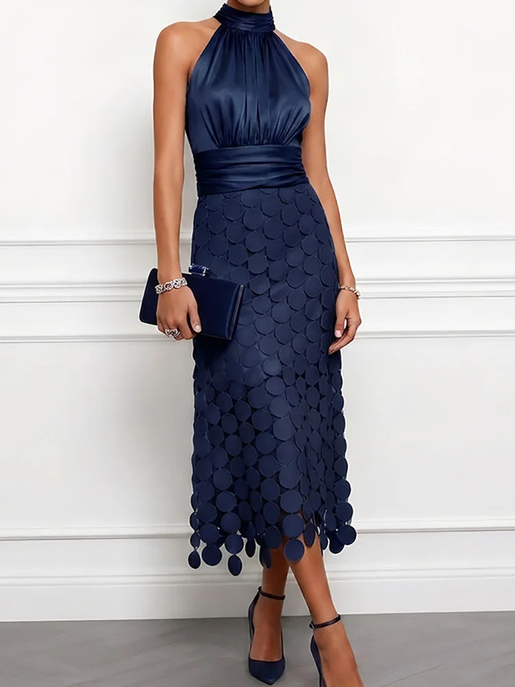 Sleeveless Fashion Elegant Maxi Dress, Women Sumemr Solid Patchwork Simple Party Dress, O Neck Holiday Ladies Dress Streetwear - view 6