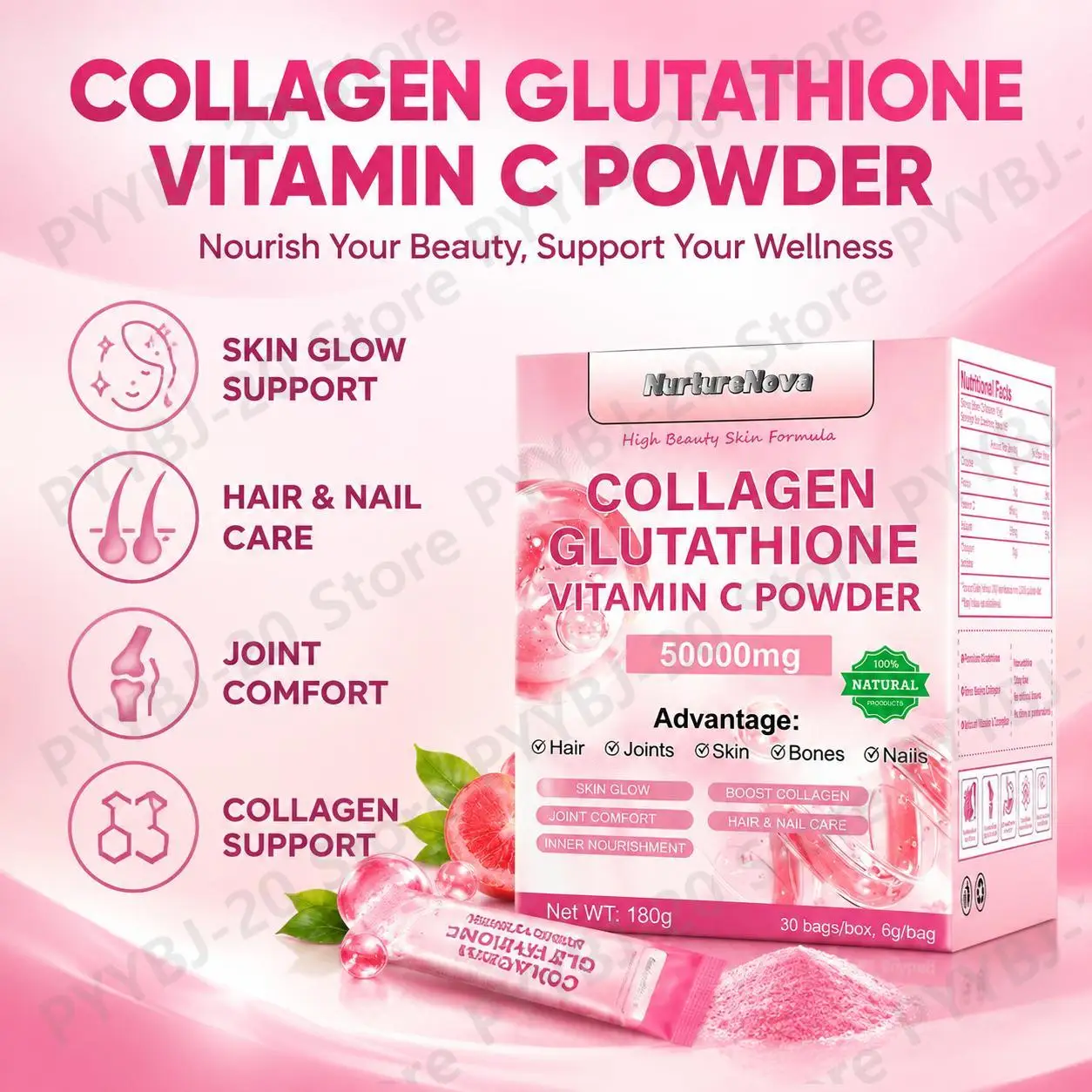 NutureNova Collagen Glutathione Vitamin C Powder for Beauty Skin Glow Collagen Support Hair Nail Care & Joint Comfort 30 Bags