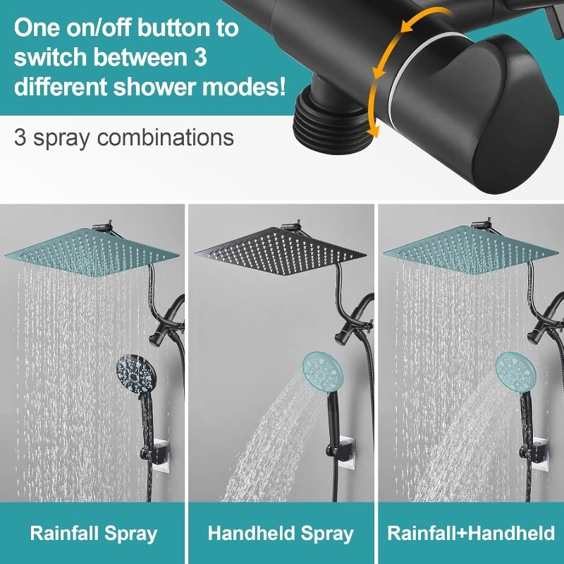 12 Inch All Metal 3-Way Rain Shower Head, High Pressure Shower Head, Dual Shower Heads with Handheld Spray Combo