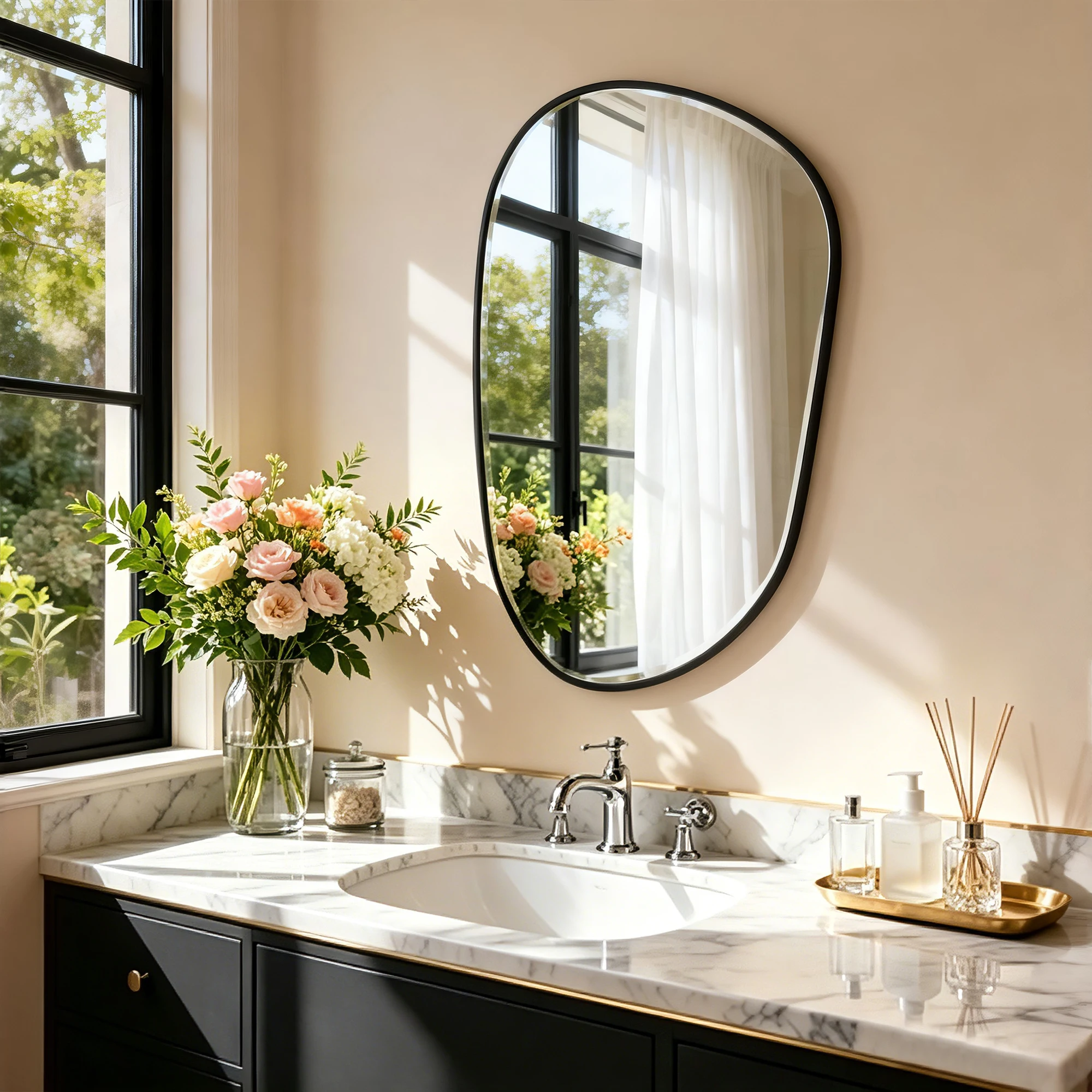 Irregular Wall Mirror Asymmetrical Mirror 54x85cm Aluminum Frame Black Mirror Tempered Glass Bathroom Mirror for Living Rooms Bedrooms