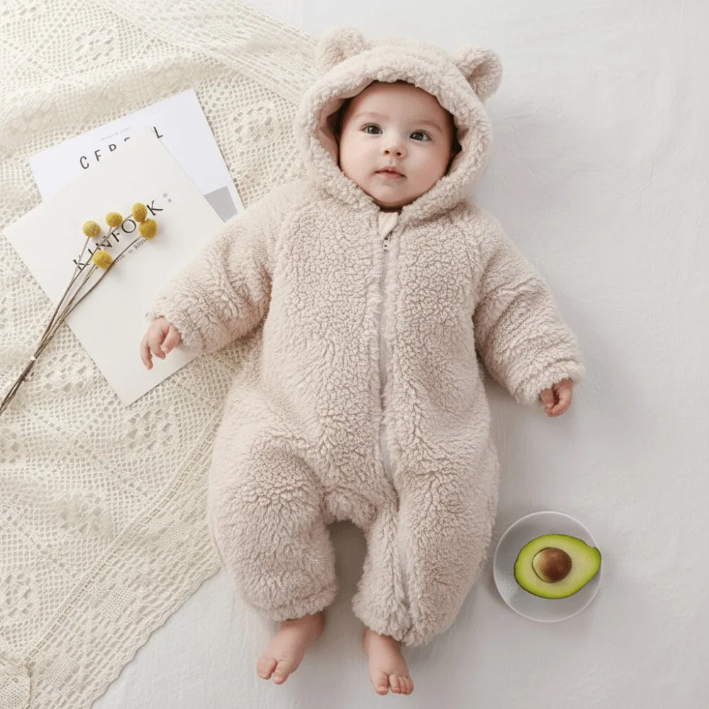 

Thick Warm Baby Rompers Bear Shape Soft Velvet Infant Jumpsuits Hooded Zipper Coral Fleece Newborn Pajamas Newborn Wear