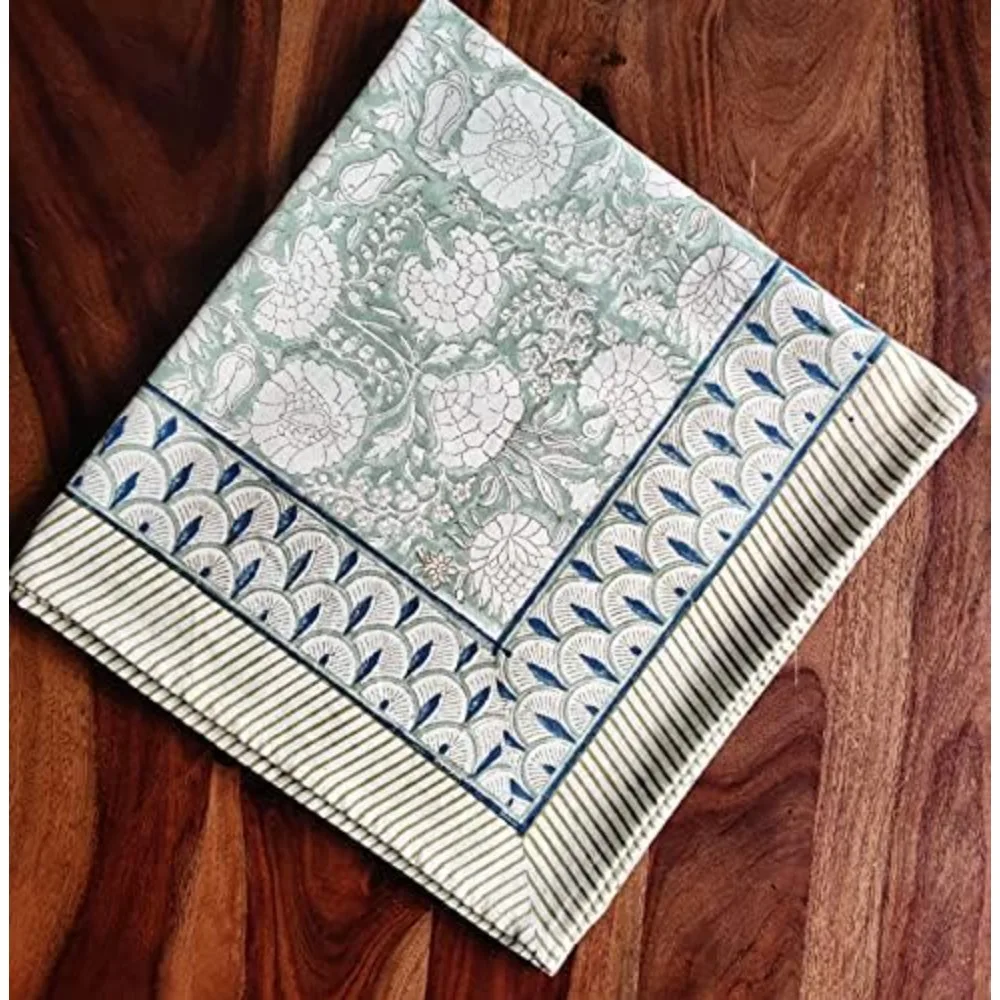 Cotton Rectangle Boho Fall Tablecloth with Handblock Floral Pattern for Kitchen Dining and Wedding Parties