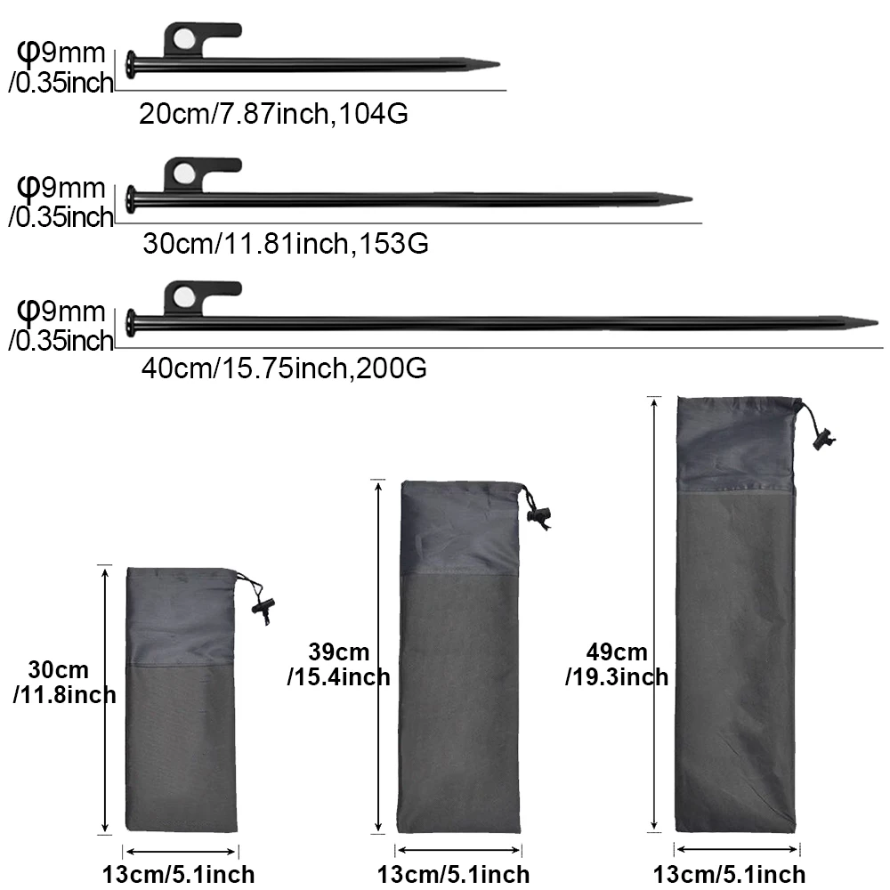 4Pcs Heavy Duty Tent Stakes with Storage Pouch, 20cm/30cm/40cm Forged Steel Tent Pegs for Camping, Hiking, Outdoor Lawn