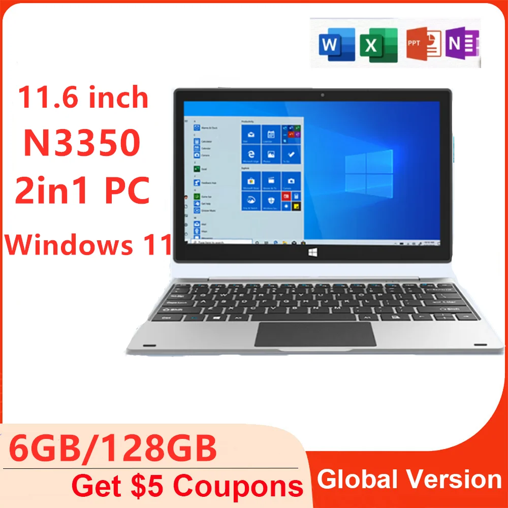 11.6 INCH 2 In1 Office Tablet PC Extremely Thin IPS Windows 10 Intel N3350 6GB RAM + 128GB ROM Support Type-C HDMI Dual Camera