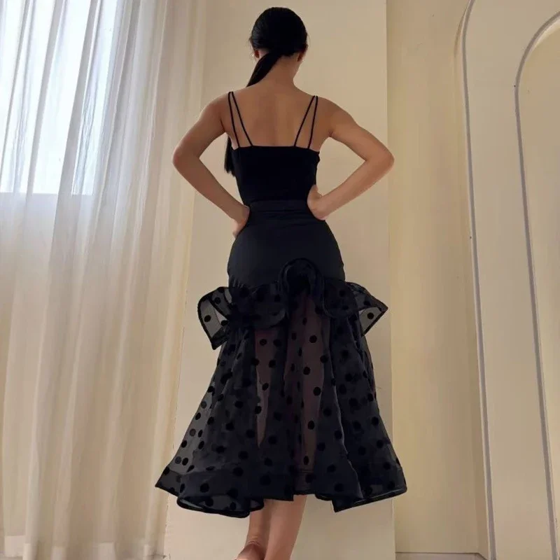 

Black Split Suit Modern Dance Dress Suspender Top Double Layer Fishbone Skirts Suit Waltz Ballroom Dance Dress Women