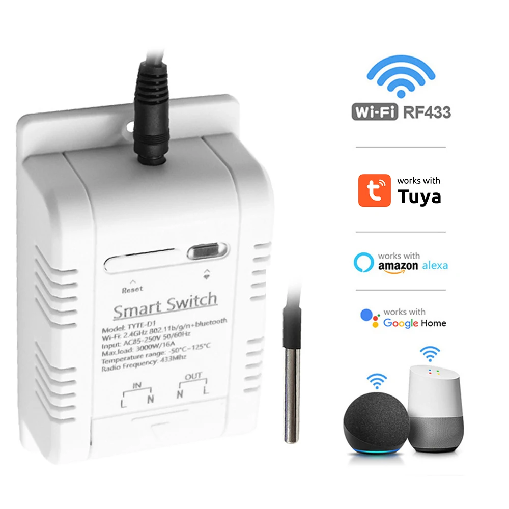 

Умный датчик температуры Tuya с релейным выходом зонда, удаленный Wi-Fi монитор, работающий с Google Home Alexa