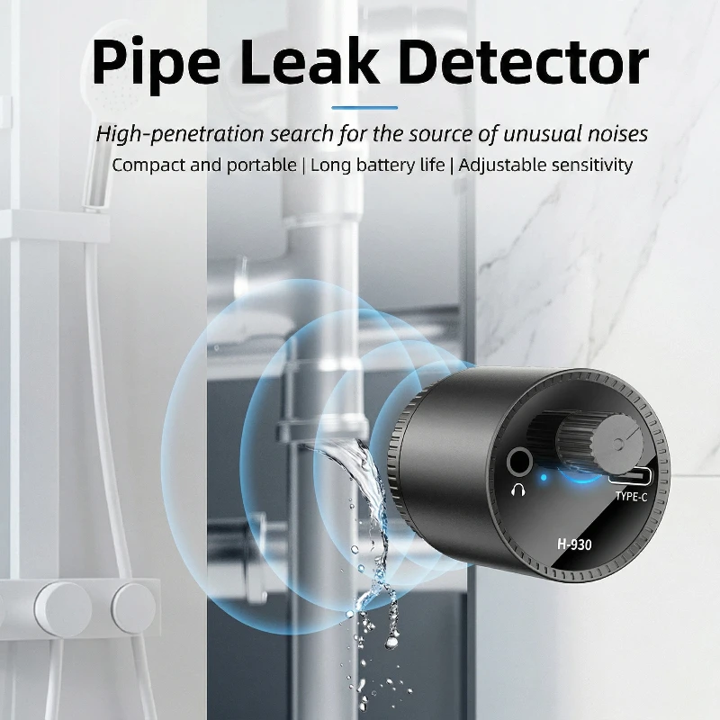 H-930 Pipe Leak Detector High Sensitivity Water Leak Locator Portable Pipeline Leakage Tester with Type-C Charging