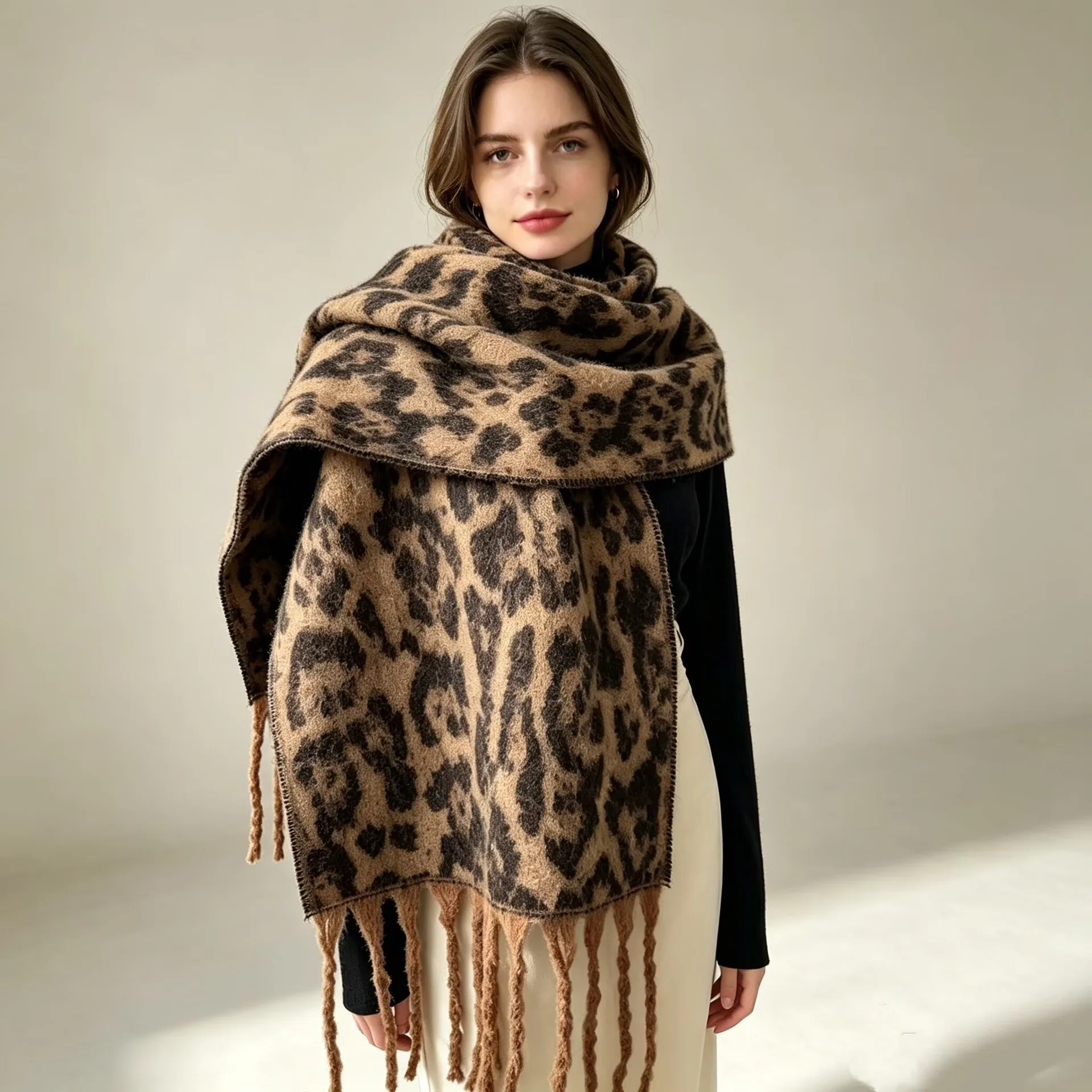 Leopard Print Wrap Shawl for Women Thick Warm Faux Mohair Fringe Cape Stole Elegant Fall Winter Scarf Wrap