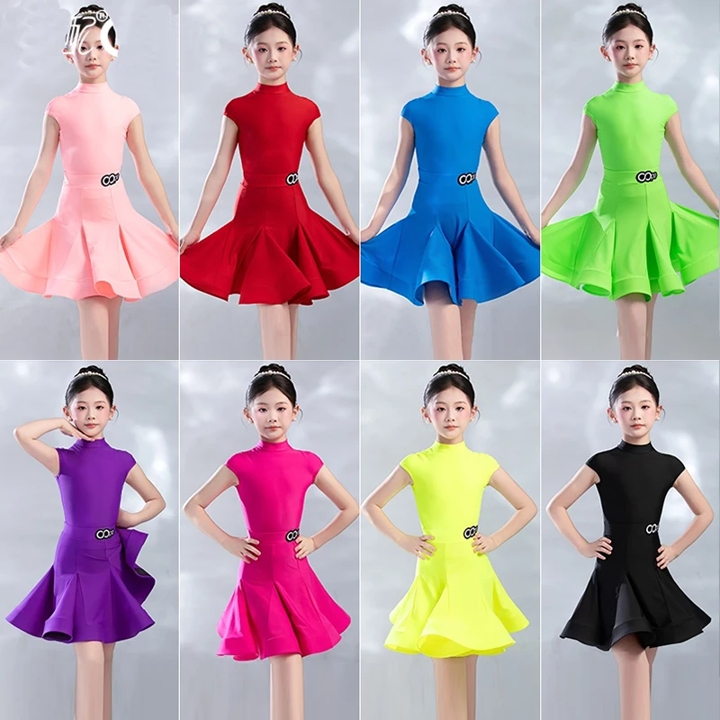 

Latin Dance Costume Girl Performance Clothes 8 Colors Short Sleeves Bodysuit Tops Skirt Set Kids Tango Competition Wear XH2893