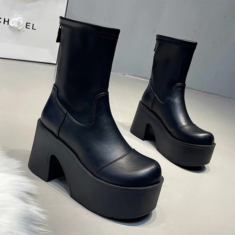 

Женские ботильоны на высоком каблуке и платформе, трендовая зимняя обувь, женская обувь 2021, роскошная брендовая обувь из массивной кожи, ботинки «Челси», готические ботинки Mujer
