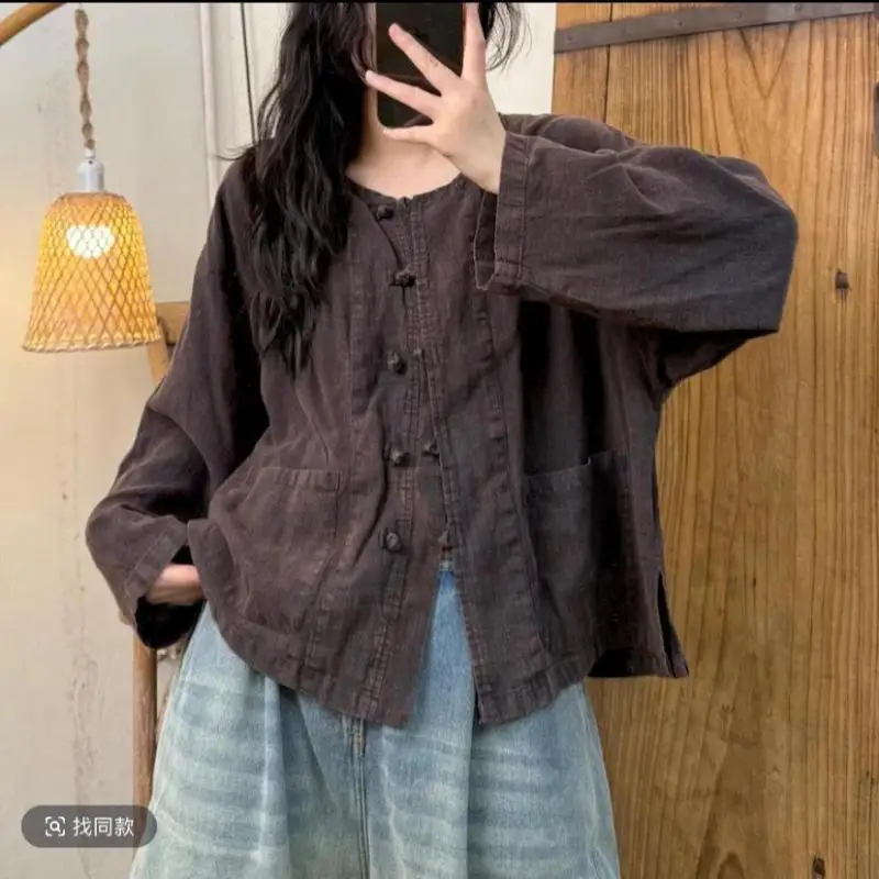 Nové jarní umělecké stylové dámské jednořadé volné krátké kabáty s výstřihem do O-neck s dvojitými kapsami, vintage bavlněné lněné bundy vysoké kvality - náhled 3