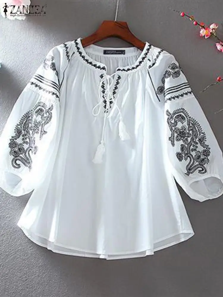 Zanzea Blumen gedruckt Urlaub Blusas Mujer Schnürung V-Ausschnitt 3/4 Ärmel lose Herbst Tunika Tops Frauen lässig Mode Vintage Bluse