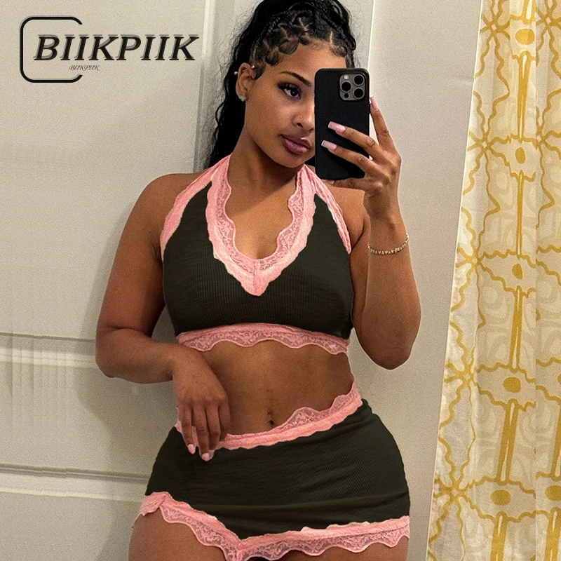 BIIKPIIK Halter Lace Sexy Skirt Sets Clubwear Two Piece Suits Women Fashion Tank Top + Sheath Mini Skirt Underwear Suits Summer