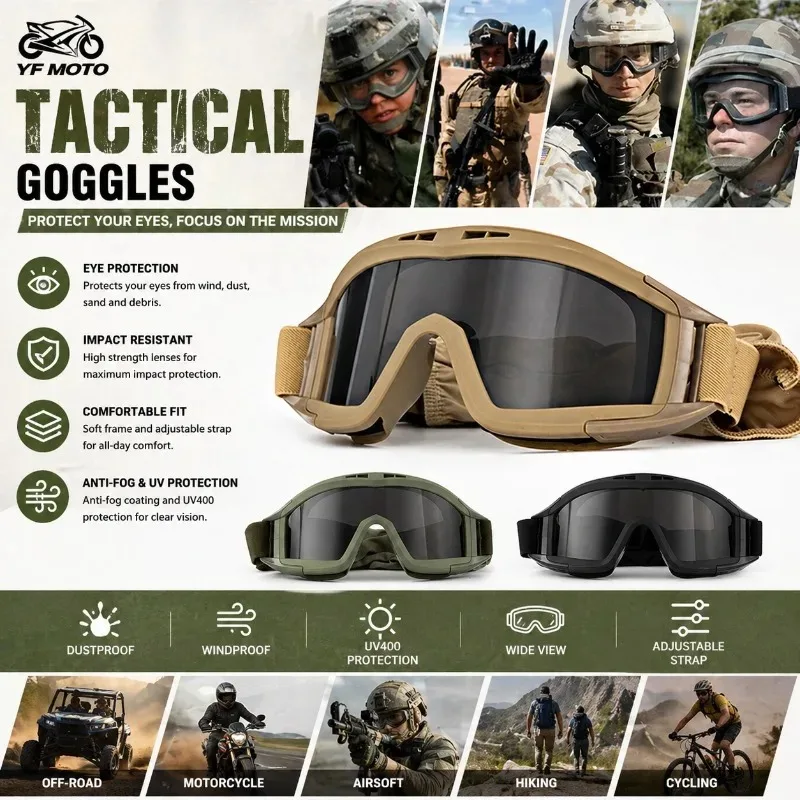 

Tactical Goggles with 3 Replaceable Lenses Windproof Sandproof Anti Fog for Shooting Motocross CS Airsoft Outdoor Activities