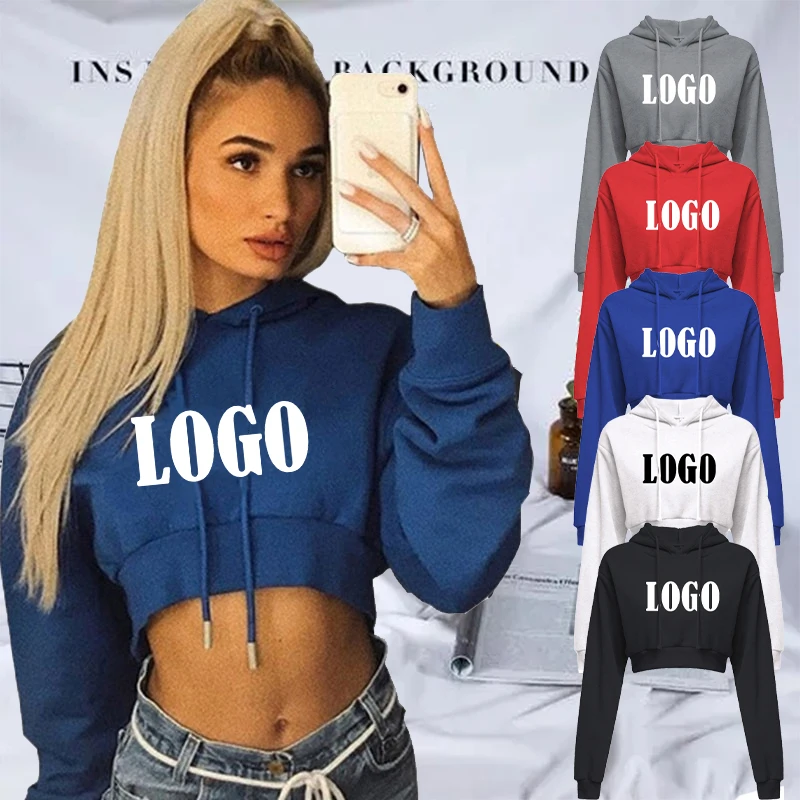 

Customized Women Crop Top Hoodie Casual Long Sleeve Hooded Short Sweatshirt Sexy Printed Crop Sweaters 10 Colors