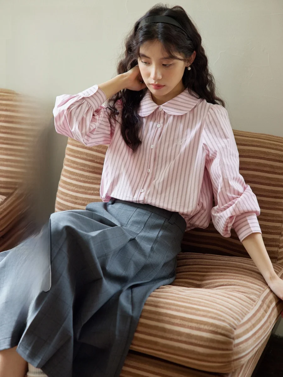 

Женский полосатый розовый топ с отложным воротником в стиле ретро Long Sve, повседневный свободный крой, хлопковый весенний новый топ