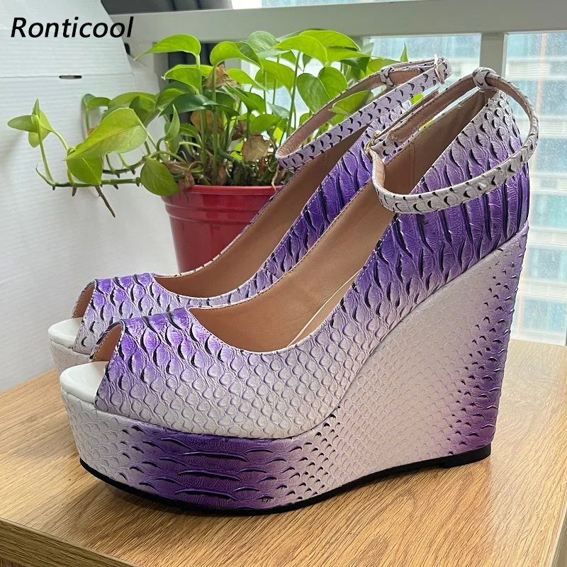 Ronticool Handmad Women Spring Pumps Ankle Strap Wedges Heels Peep Toe Beautiful Purple Party Shoes Ladies US Plus Size 5-20