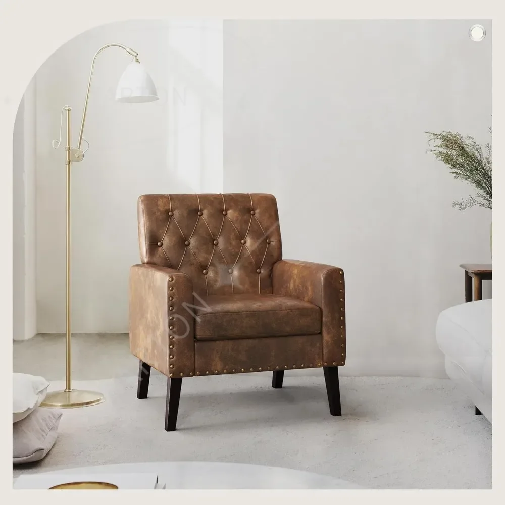

Upholstered Faux Leather Accent Chair – Button Tufted Armchair with Arms, Comfy Modern Living Room