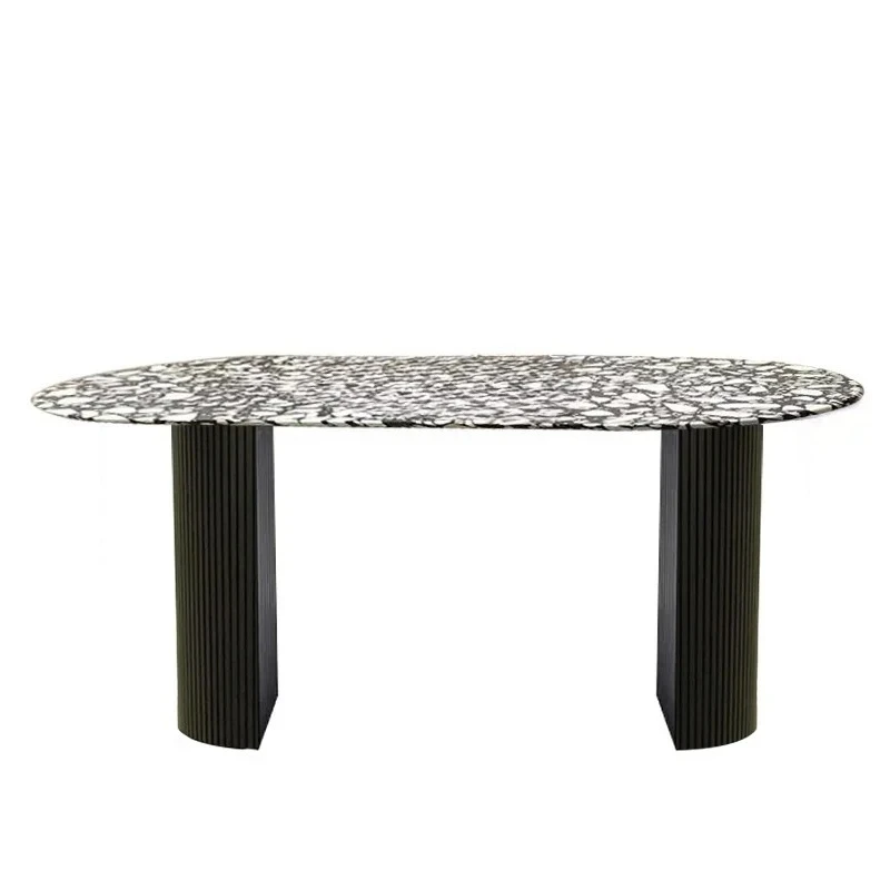 French light luxury oval small apartment household black and white terrazzo table marble dining table surface