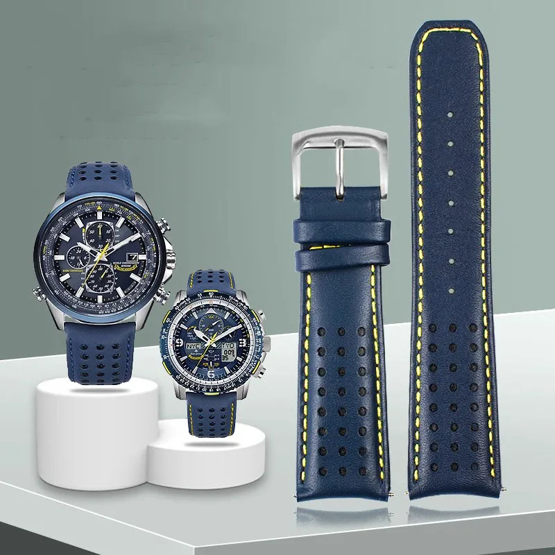 cowhide watch strap For CITIZEN Blue Angel Radio Wave Watch band AT8020-54L/8020-03L/JY8078 curved end Yellow 22mm 23mm bracelet