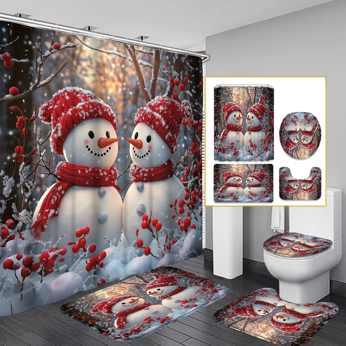 4Pcs Xmas Snowman Bath Set, Snowflake Tree Red Trim, Toilet U-Shaped Pad & Seat Cover, Shower Curtain with 12 Hooks