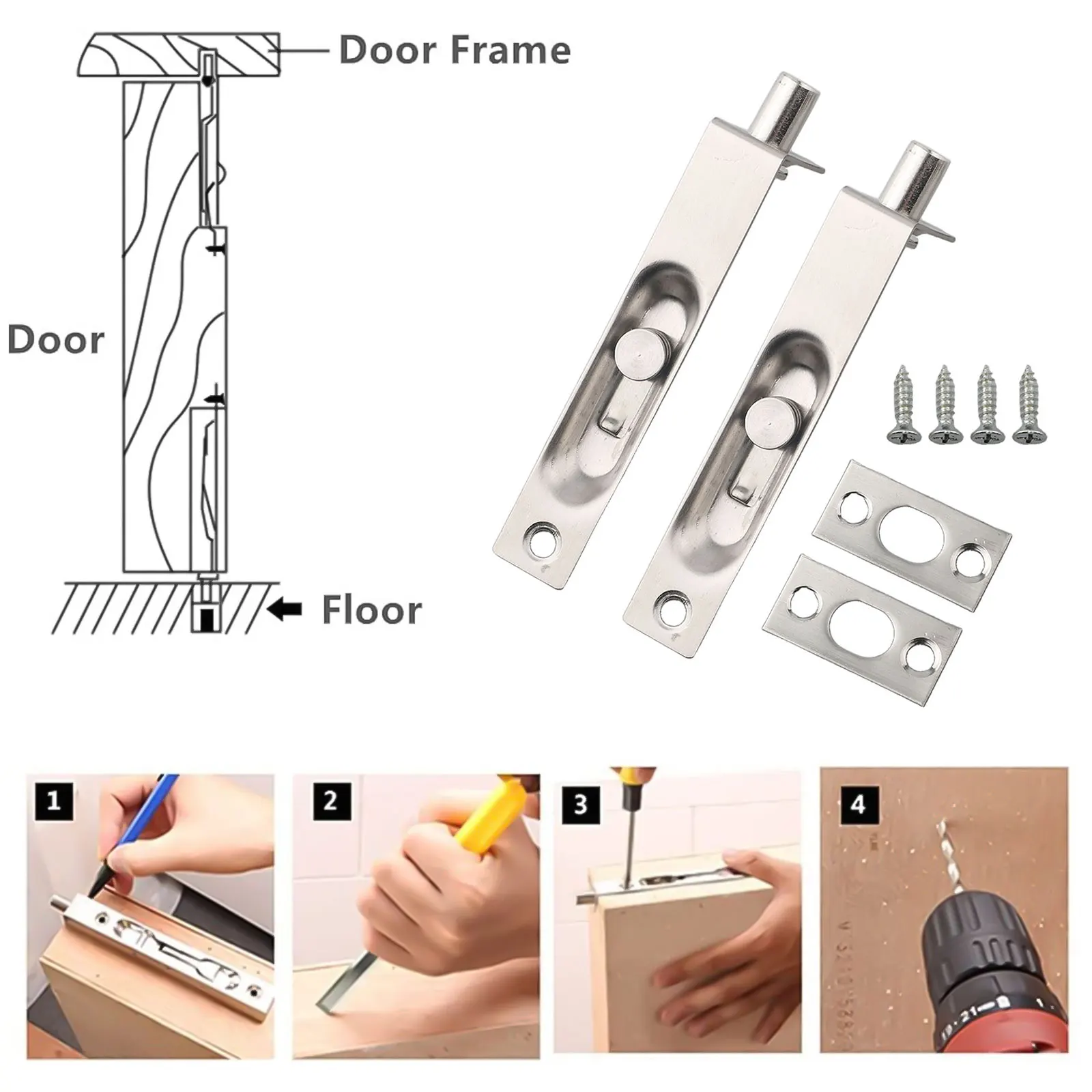 Door Flush Bolt Kit 2 Sets Stainless Steel for Secure Installation on Rear Side or Edge of Wood or Patio Doors