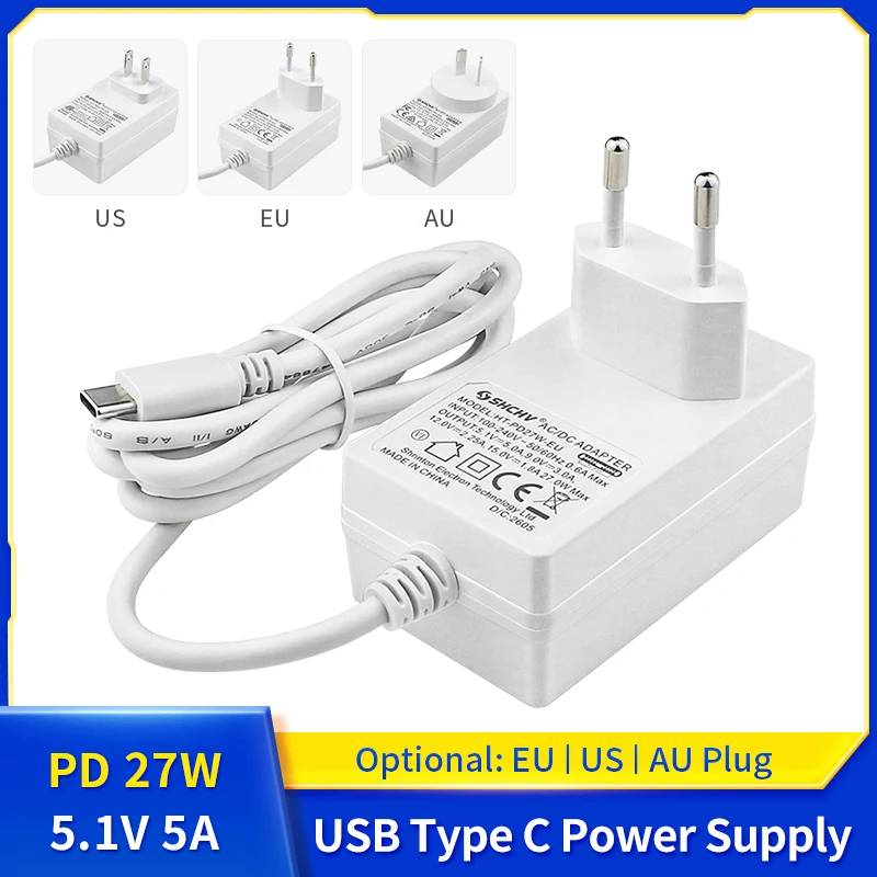 5.1V 5A Power Supply PD 27W USB Type C GaN Charger EU US UK Plug Power Adapter for Raspberry Pi 5/4B RPI 5