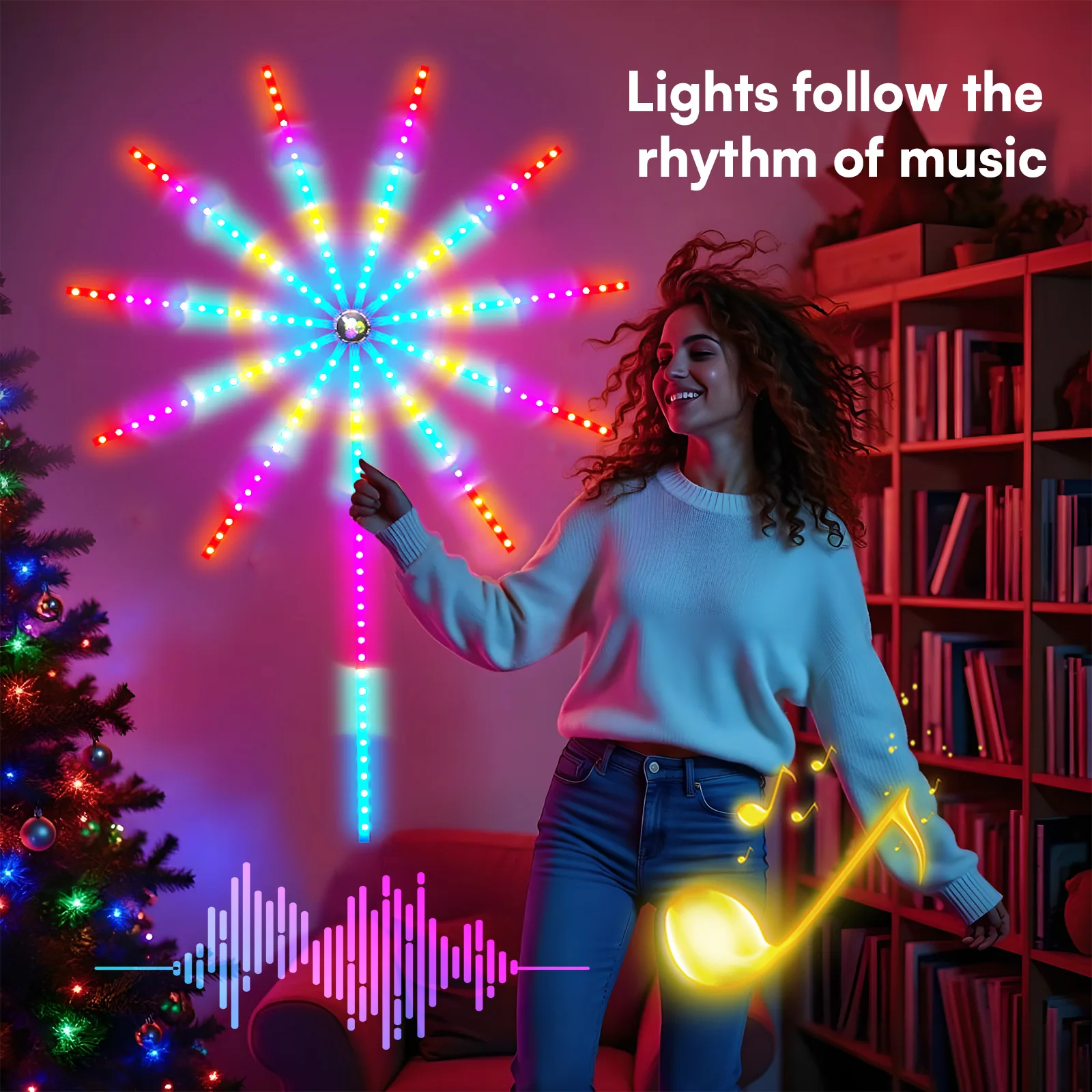Luci LED per fuochi d'artificio intelligenti con telecomando e controllo tramite app, sincronizzazione del microfono musicale, cambio colore IC RGB per la decorazione di feste al coperto