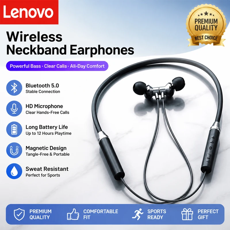Auricolari Bluetooth Originali Lenovo HE05X, Impermeabili, con Suono HIFI, Fascia Magnetica per il Collo, Cuffie Sportive, Idea Regalo