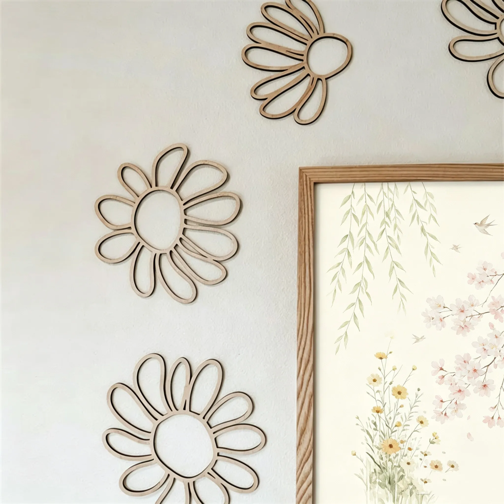 Hand-Painted Wooden Flowers - a Set of 6 Whimsical Daisies | Line Art Floral Home Decor for Room, Nursery Girl's Room Wall Art, Line Wall Flowers for Holiday Party Backdrop Decoration.