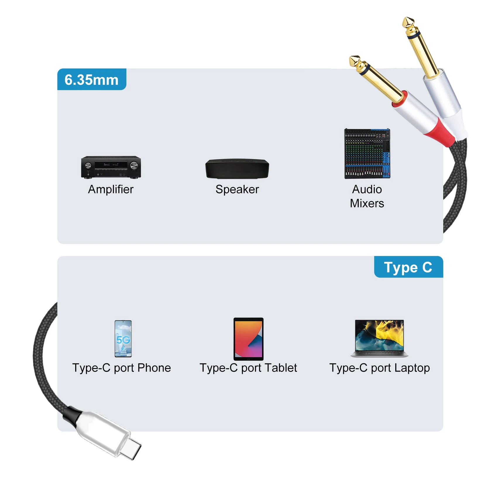 USB C To Dual 6.35mm 1/4 Inch TS Mono Y Insert Cable Type-C Stereo Splitter Audio Cord for Laptop PC Phone Tablet Speaker Mixer