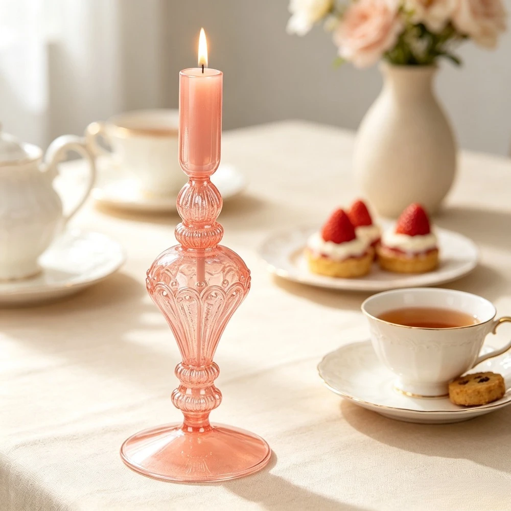 European Retro Carved Glass Candlestick Elegant Taper Candle Holder Home Table for Wedding Banquet Living Room Decoration