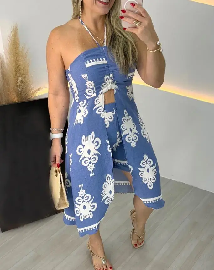 Women's Vacation Sexy Suit 2025 Spring Summer Latest 2-Piece Printed Backless Sleeveless Long Top and High Waisted Shorts Set
