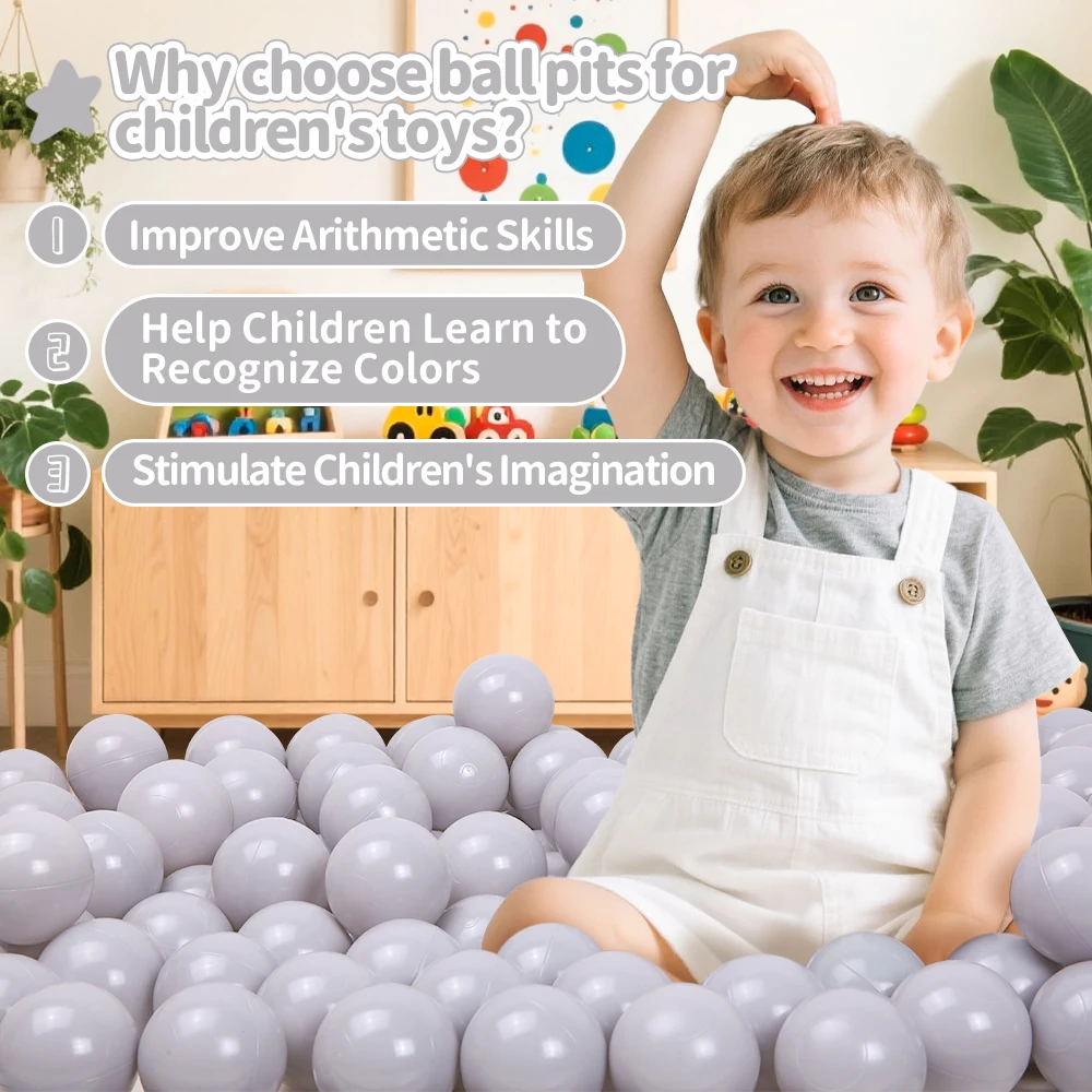 100pcs 2.16 Inches Thicken Soft Plastic Crush Proof Ball Pit Balls for Kids Light Gray White and Transparent
