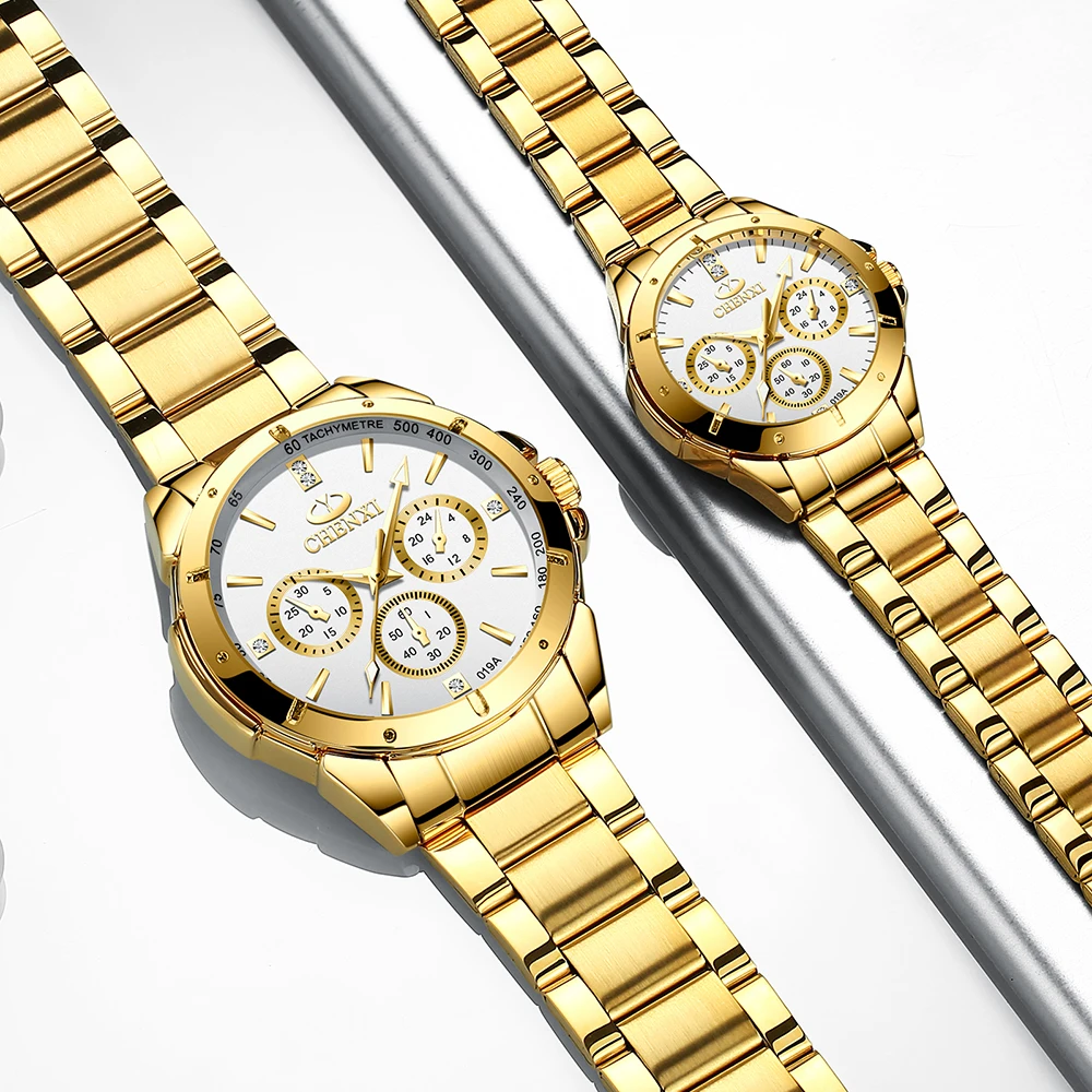 CHENXI Watch Couples Man And Woman Original Brand Luxury Gold Stainless Steel Quartz Wrist, His Hers Watch Sets Gifts