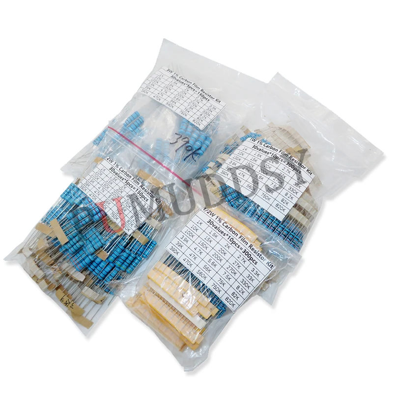 300PCS/Set 30 Kinds 1/4W 1/2W 1W 2W 3W Resistance 1% Metal Film Resistor Pack Assorted Kit 0.1R-750R 1K-820K Resistor 150PCS/Set