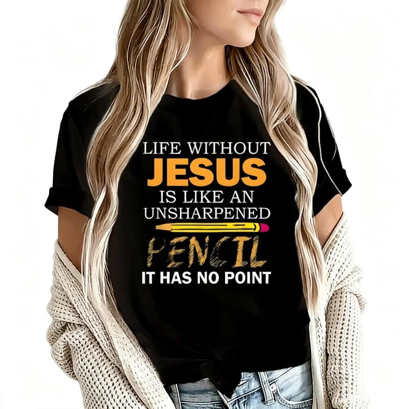 Life Without Jesus Women's T-Shirt 100% Cotton Funny Graphic Short Sleeve Tee Novelty Shirt Casual Crew Neck Top S-5Xl