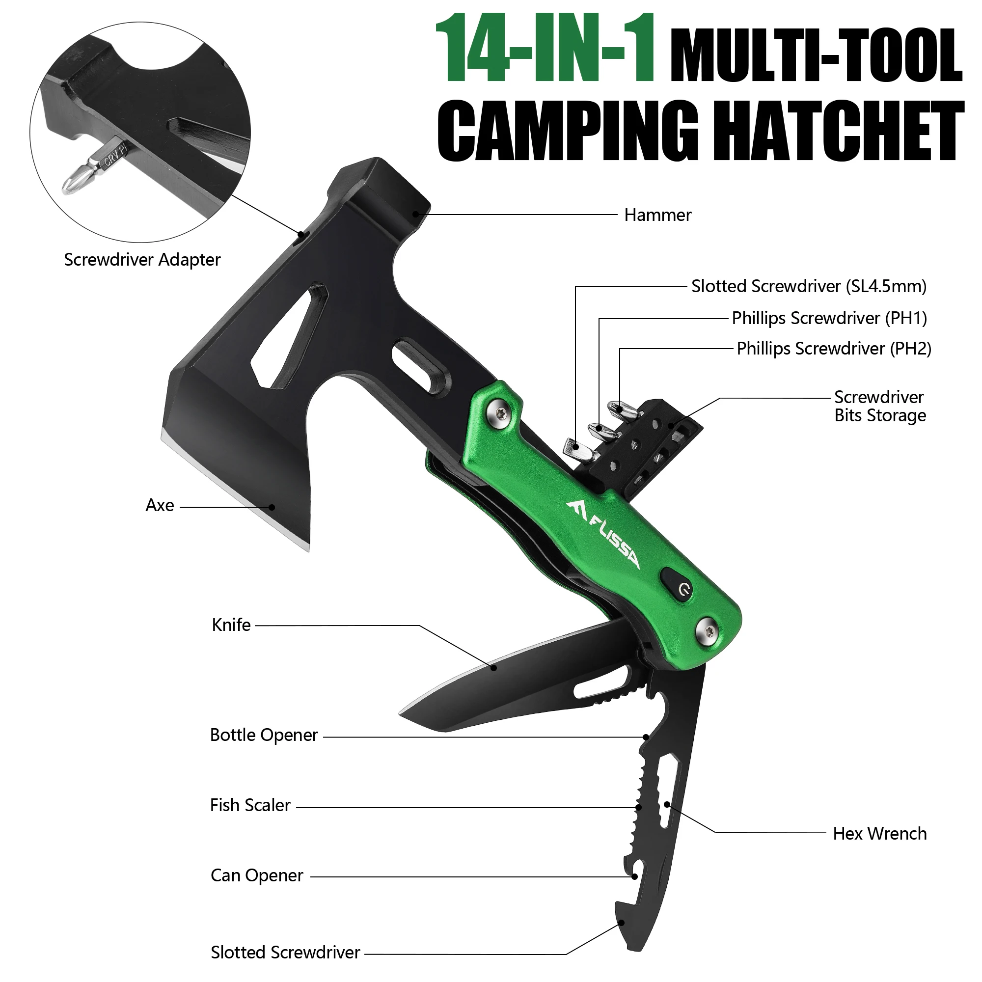 FLISSA 14 in 1 Multitool Camping Hatchet with Sheath Multifunctional Ax with LED Light Camping Woodworking Outdoor Survival Tool