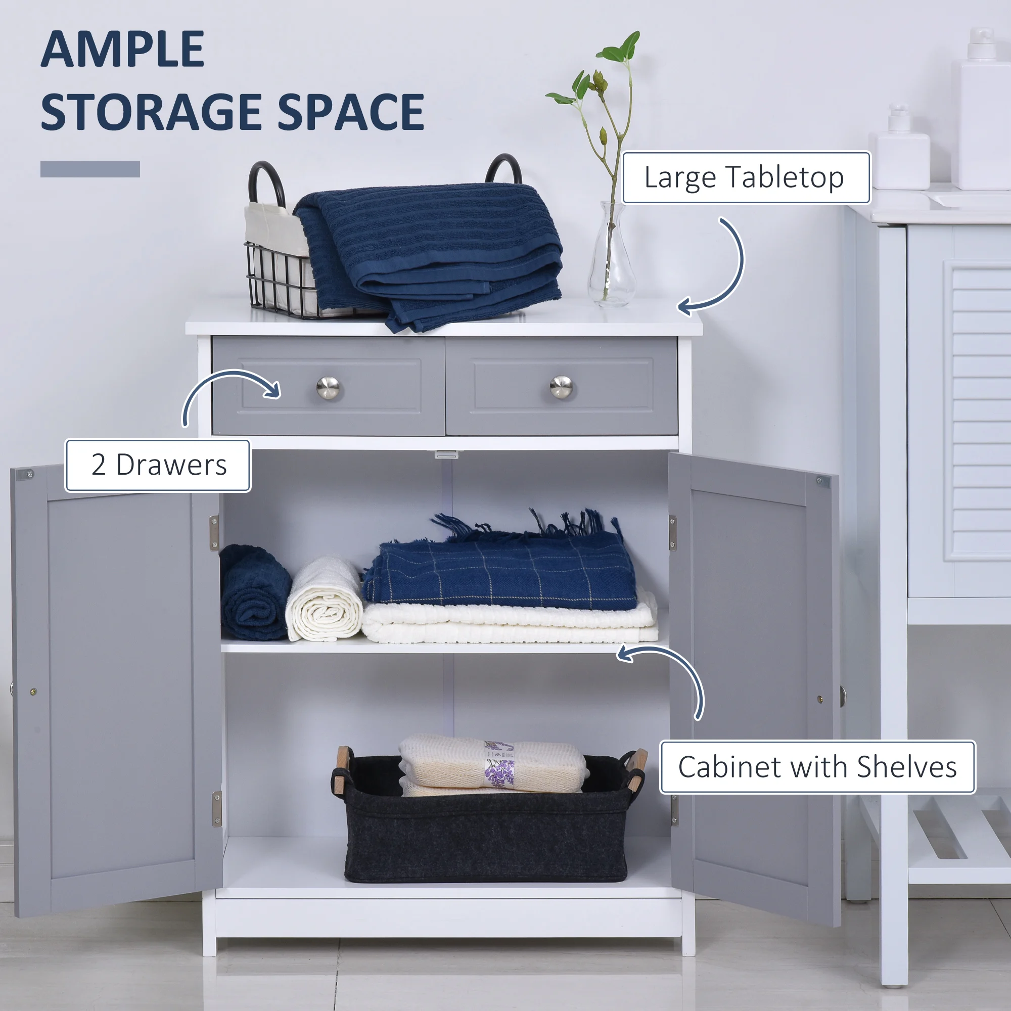 kleankin Bathroom Floor Storage Cabinet w/ 2 Drawers Door Cupboard Grey White