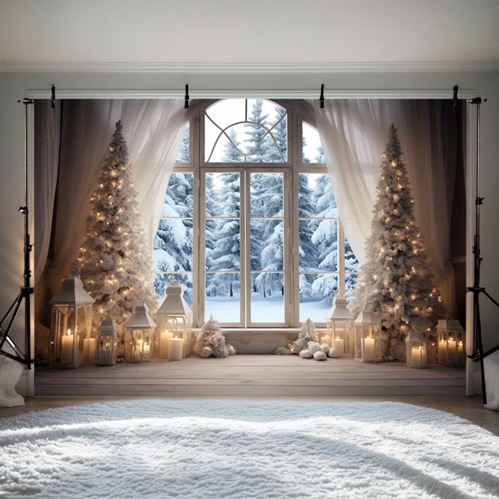 

Christmas Photography Background Winter Window Xmas Tree Snow Scene New Year Family Party Portrait Backdrops Photo Props