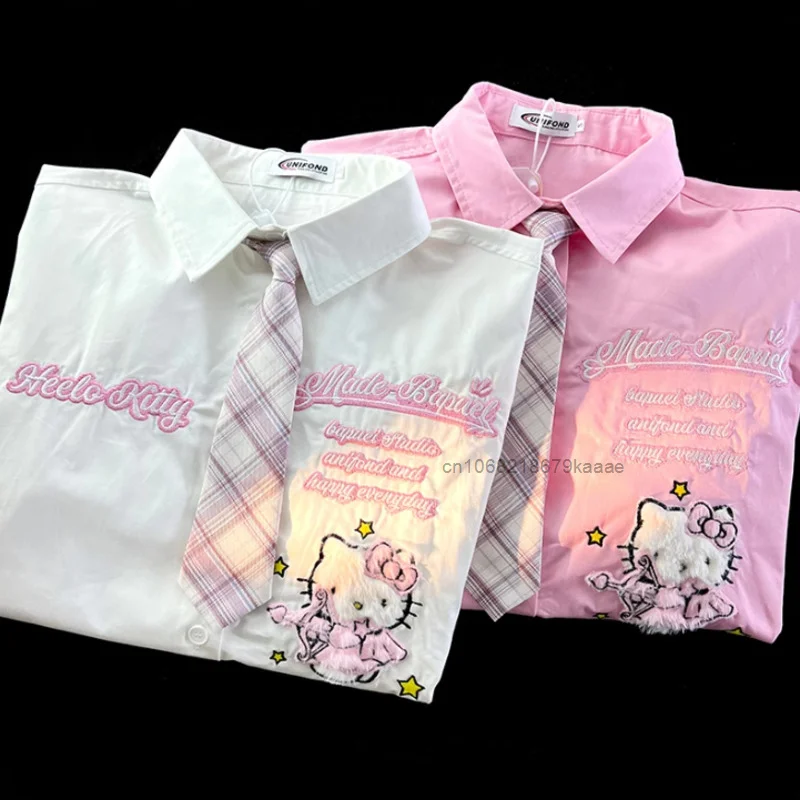 Sanrio Hello Kitty Cute Short Sleeve Polo Shirts Women Designer College Style Summer Blouse Korean Clothes Y2k New Fashion Tops